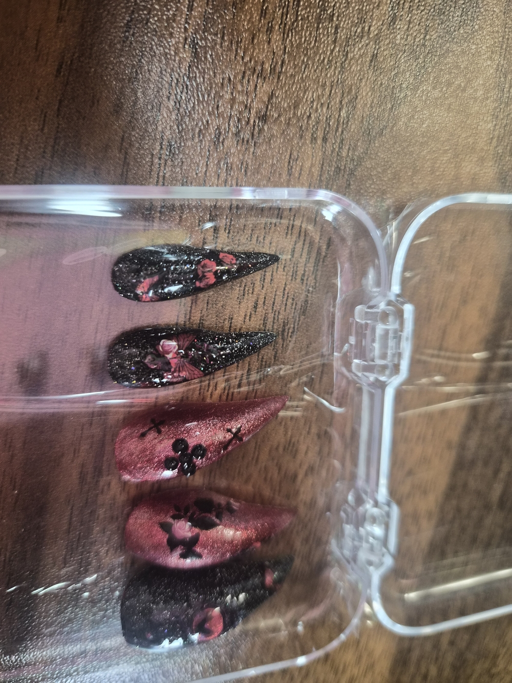 Handmade Stiletto Press-On Nails in Black & Metallic Rose